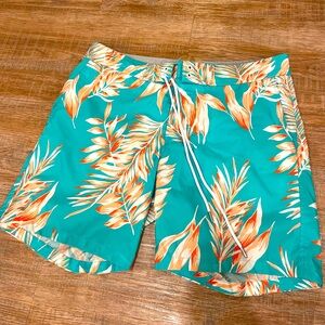 Bonobos Men’s Swim Trunks/Shorts - Teal and Orange Leaf Print - Size Medium
